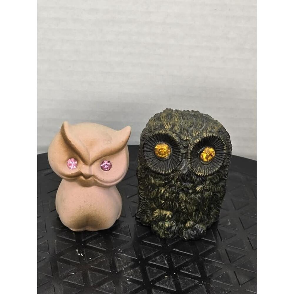 Vintage Black w/ yellow eyes & Pink w/ pink eyes Owl Figurines ~ Pair of Hooters